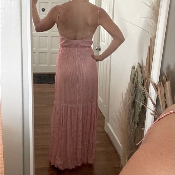 BCBG Red/White Analeigh Striped Spaghetti Halter Tiered Hem Casual Maxi Dress - Picture 3 of 5